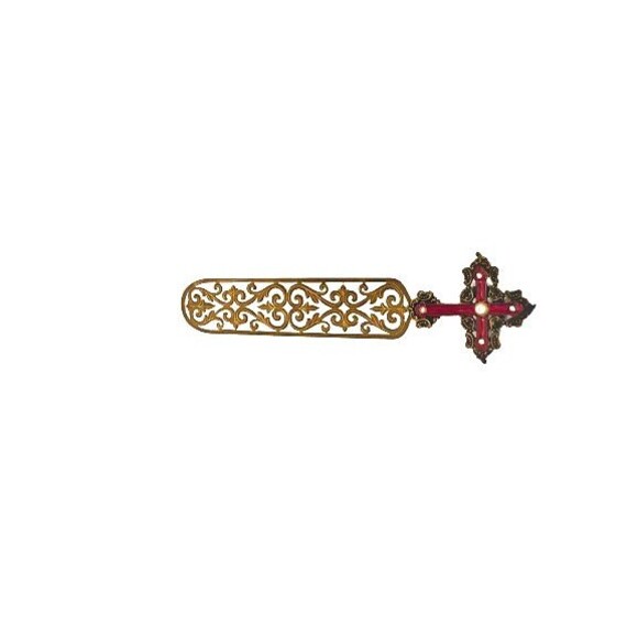 Vintage Bookmark Gold Toned Cross Faux Pearl Faux Diamonds Metal Filigree Base - Picture 7 of 15